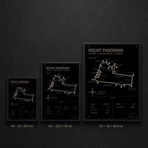 May include: Three framed black and white Mount Panorama track maps of Bathurst, New South Wales, Australia. The sizes are A4 (21 x 29.7 cm), A3 (29.7 x 42 cm), and A2 (42 x 59.4 cm). Each map includes track details and specifications.