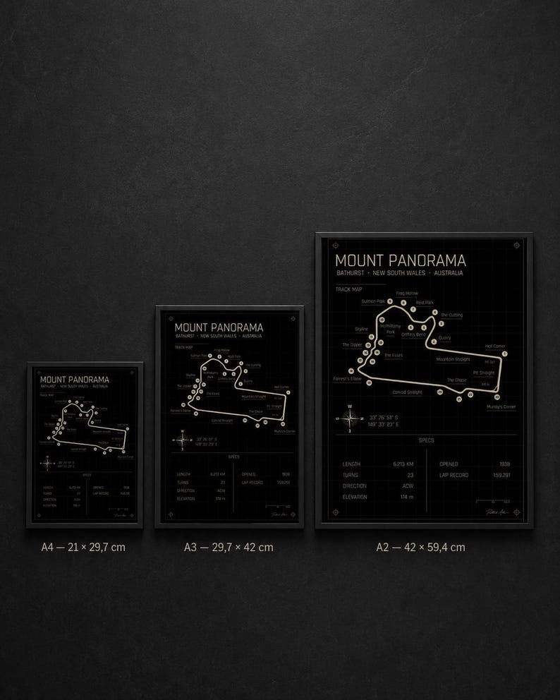 May include: Three framed black and white Mount Panorama track maps of Bathurst, New South Wales, Australia. The sizes are A4 (21 x 29.7 cm), A3 (29.7 x 42 cm), and A2 (42 x 59.4 cm). Each map includes track details and specifications.