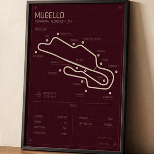 May include: A framed print of the Mugello race track in Italy. The track map is white on a burgundy background, with the track's name and specifications. The frame is black.