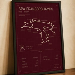 Pode incluir: Mapa do circuito de Spa-Francorchamps emoldurado em preto. O mapa &eacute; uma ilustra&ccedil;&atilde;o detalhada do circuito belga, com curvas e caracter&iacute;sticas principais rotuladas em branco sobre um fundo bord&ocirc;. Inclui especifica&ccedil;&otilde;es como comprimento e eleva&ccedil;&atilde;o.