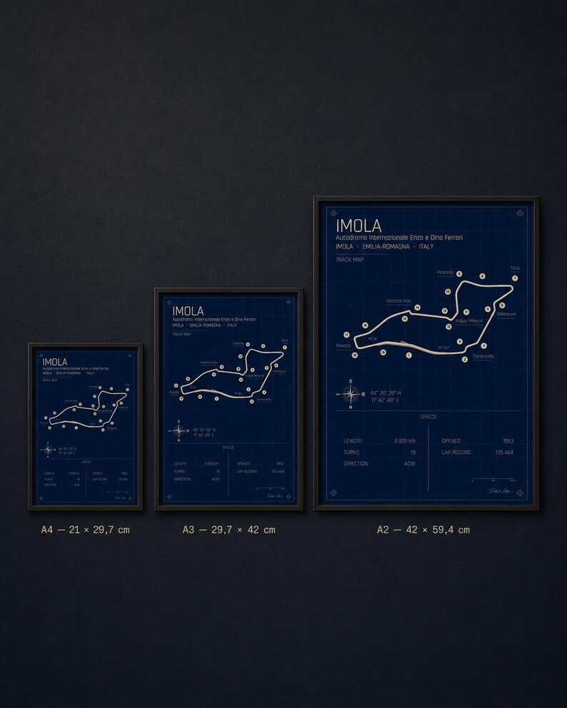May include: Three framed prints of the Imola race track map, in blue and white, with the text "IMOLA" and track details. The sizes are A4 (8.3 x 11.7 inches), A3 (11.7 x 16.5 inches), and A2 (16.5 x 23.4 inches).