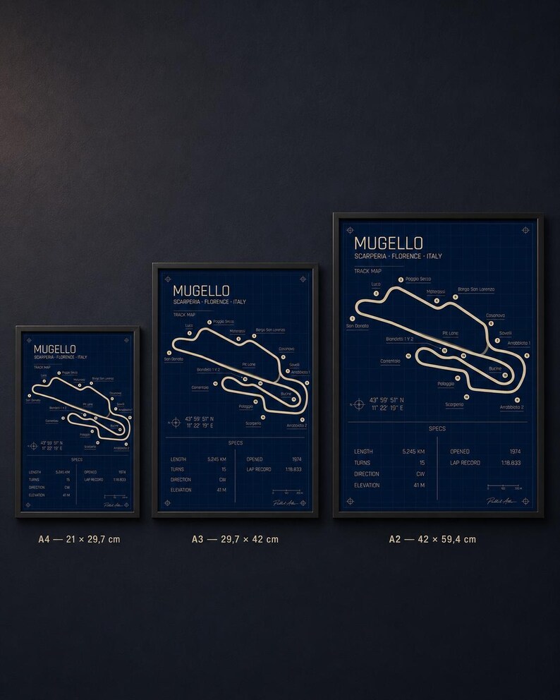 May include: Three framed prints of the Mugello race track in Italy. The prints are in a dark blue color with white lines and text. The sizes are A4 (8.3 x 11.7 inches), A3 (11.7 x 16.5 inches), and A2 (16.5 x 23.4 inches).