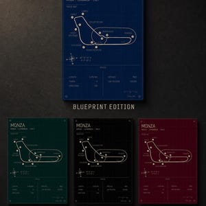 Op de afbeelding: Vier Monza racecircuit blauwdruk kunstprints in verschillende kleuren: Blueprint, Heritage, Midnight en Rosso edities. Elke print toont de lay-out van het circuit, de locatie en de specificaties. De prints zijn rechthoekig en hebben een rasterachtergrond.