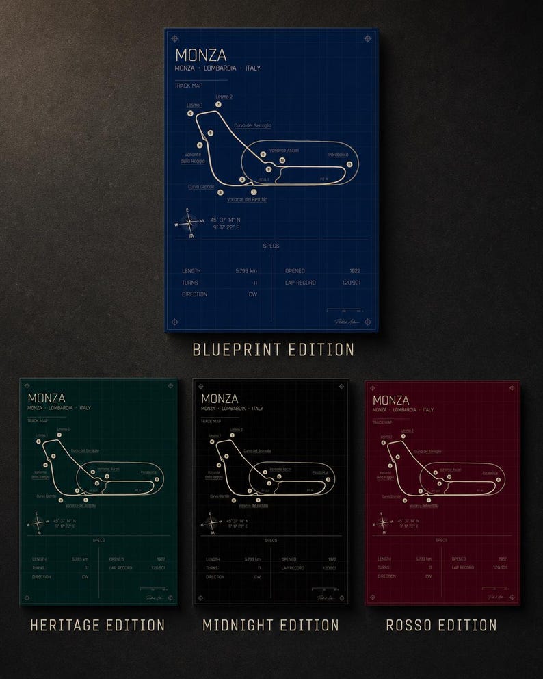 Op de afbeelding: Vier Monza racecircuit blauwdruk kunstprints in verschillende kleuren: Blueprint, Heritage, Midnight en Rosso edities. Elke print toont de lay-out van het circuit, de locatie en de specificaties. De prints zijn rechthoekig en hebben een rasterachtergrond.