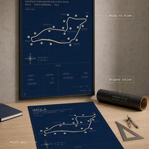 May include: A framed blueprint-style poster of the Imola race track in Italy. The track map is white on a dark blue background, with details including length, turns, and lap record. A rolled poster and drafting tools are also visible.