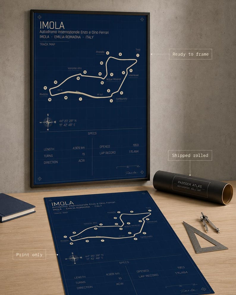 May include: A framed blueprint-style poster of the Imola race track in Italy. The track map is white on a dark blue background, with details including length, turns, and lap record. A rolled poster and drafting tools are also visible.