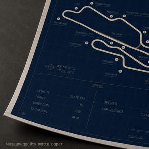 May include: A detailed blueprint-style print of the Mugello race track in Italy, featuring the track map, key turns, and specifications. The print is on museum-quality matte paper, with a dark blue background and white lines.