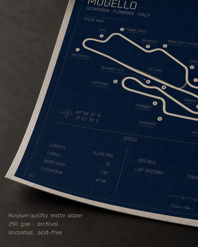May include: A detailed blueprint-style print of the Mugello race track in Italy, featuring the track map, key turns, and specifications. The print is on museum-quality matte paper, with a dark blue background and white lines.
