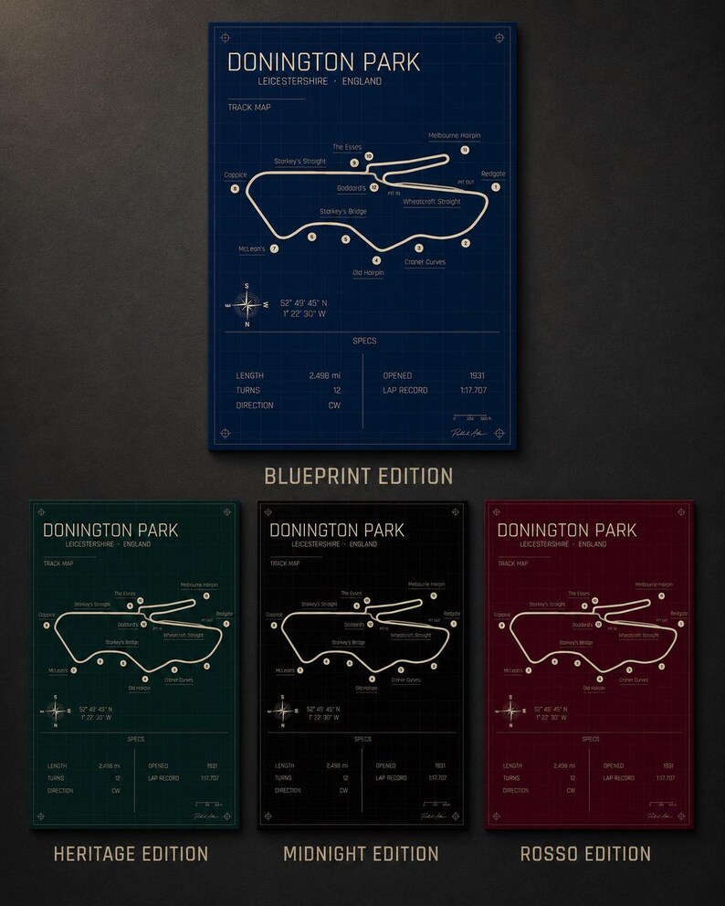 Op de afbeelding: Een reeks Donington Park circuitkaartprints in blauw, groen, zwart en rood. Elke print toont de lay-out van het circuit, de locatie en specificaties, waaronder een lengte van 2,496 km en 12 bochten. De prints zijn gelabeld met "Blueprint Edition", "Heritage Edition", "Midnight Edition" en "Rosso Edition".