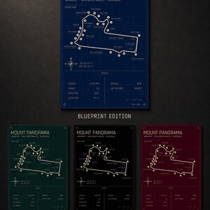 May include: Mount Panorama race track blueprint art print in blue, green, black, and red. Each print features the track map, specs, and the text "Mount Panorama" and "Blueprint Edition", "Heritage Edition", "Midnight Edition", and "Rosso Edition".