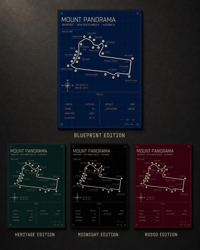 May include: Mount Panorama race track blueprint art print in blue, green, black, and red. Each print features the track map, specs, and the text "Mount Panorama" and "Blueprint Edition", "Heritage Edition", "Midnight Edition", and "Rosso Edition".