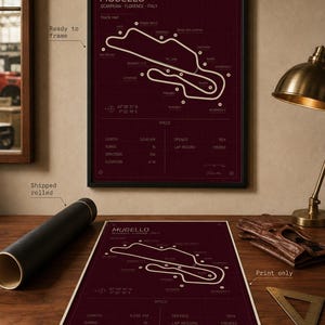 May include: A framed burgundy print of the Mugello race track in Italy, with white track lines and text. The print includes track details and specifications. A rolled print and a print-only version are also visible.