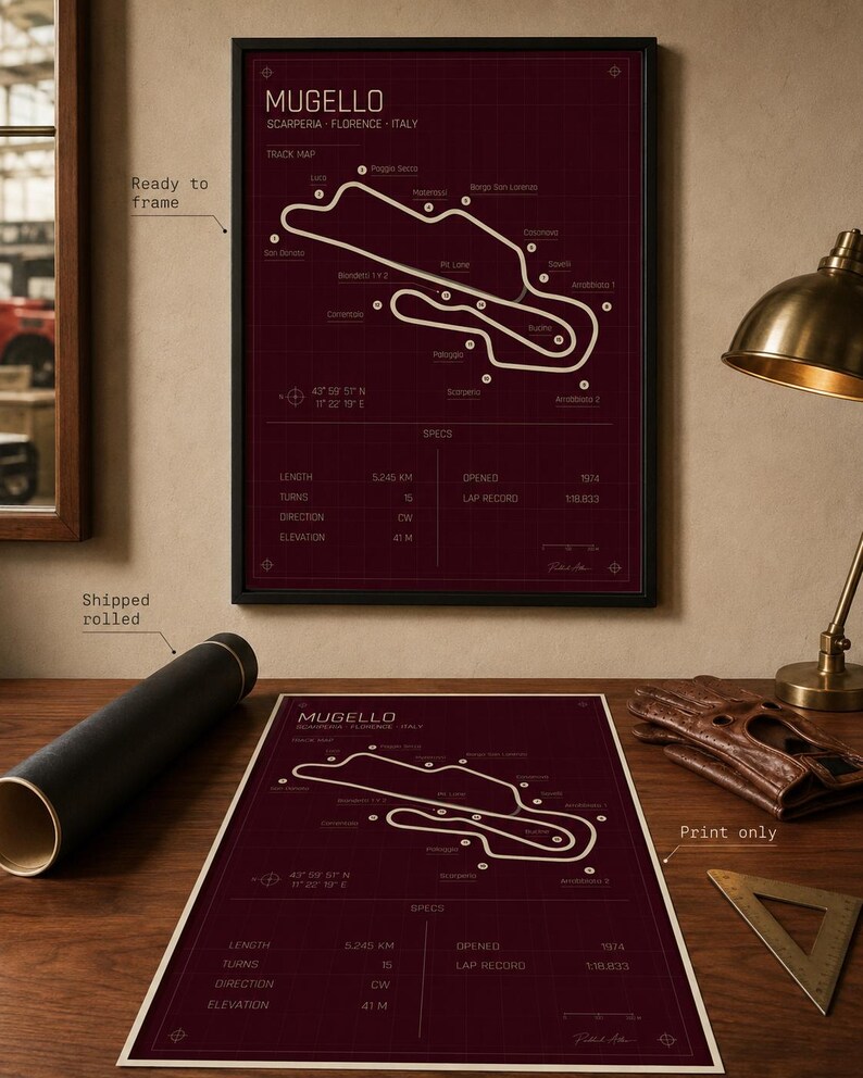 May include: A framed burgundy print of the Mugello race track in Italy, with white track lines and text. The print includes track details and specifications. A rolled print and a print-only version are also visible.