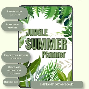 Może przedstawiać: Cyfrowy planer z motywem dżungli. Planer zawiera tekst "Jungle Summer Planner" z zielonymi tropikalnymi liśćmi. Dodatkowy tekst obejmuje "Przygotuj się na lato!", "Planuj każdy miesiąc" i "Natychmiastowe pobieranie".