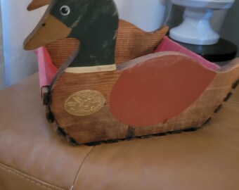 Vintage Sawmill Critters Wooden Mallard Duck Basket Hand Painted Folk Art