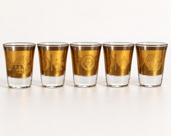 Vintage Anchor Hocking Medallion Shot Glass Set of 5  Gold Crest MCM
