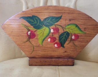 Vintage Hand-Painted Wooden Napkin Holder – Folk Art Cherry Motif, Rustic Farmhouse Kitchen Decor