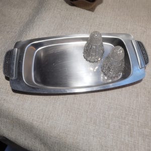 Vintage Mid-Century Modern 18/8 Stainless Steel Serving Tray Rectangular Bread & Snack Platter with Ornate Floral Embossed Handles