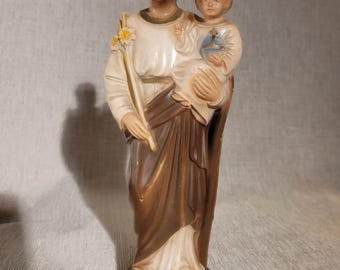 Vintage Saint Joseph and Child Jesus Religious Statue – Hand-Painted Catholic Figurine