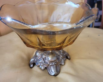 Vintage Hollywood Regency Amber Glass Compote Bowl with Ornate Metal Base