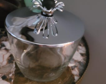 vintage mid-century modern chrome and glass tableware or vanity jar