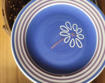 Vintage Pfaltzgraff Baja Salad Dessert Plate 8 5/8" Blue Purple Mauve Bands Stoneware. Set of 6 discontinued retro stoneware.