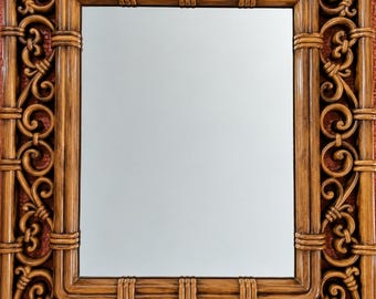 Vintage 1970s Homco Faux Wicker & Bamboo Wall Mirror - Boho Chic
