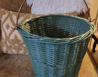 Vintage Painted Turquoise Wicker Gathering Basket – Tapered Garden Harvest Pail with Wire Bale Handle