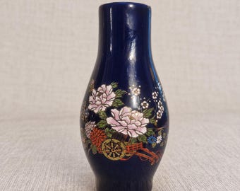 Vintage Cobalt Blue Bud Vase Floral Flower Cart Gold Trim Porcelain Asian Style