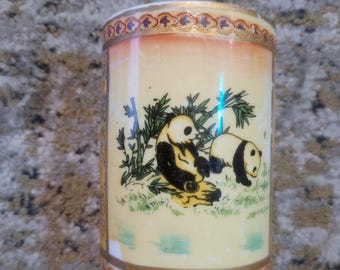 Vintage Chinese Porcelain Panda & Bamboo Cylinder Vase / Toothpick Holder, Satsuma Style Floral Panels, Gold Gilt Trim