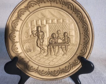 Vintage Embossed Brass Tavern Scene Wall Hanging Plate. 8 inches diameter