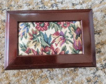Vintage Wooden Jewelry Box: Floral Needlepoint Lid, Green Velvet Interior, Mirror