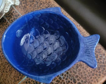 Cobalt Blue Ceramic Fish Bowl Dish Room & Retreat Nautical Coastal Decor Catchall