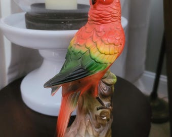 Vintage MidCentury Ceramic Parrot Figurine Red  Green Tropical Bird on Tree Stump with Original Japan Foil Sticker MCM Decor