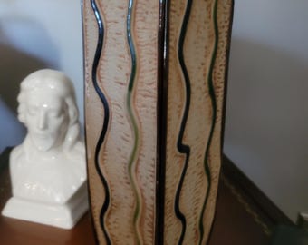 Vintage HAC China Textured Tall Ceramic Vase Mid-Century Retro Earthy Planter Glazed Bamboo Design