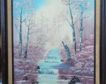 Vintage Framed Landscape Oil Painting Signed B Serge, Bob Ross Style Waterfall Forest Scene, Purple Lavender Cottagecore Wall Art