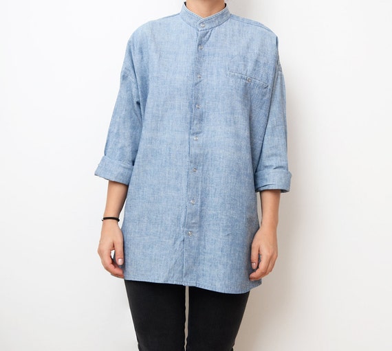 Vintage light blue denim women 80s tunic shirt