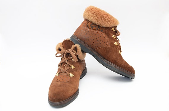Vintage brown suede faux fur women ankle flat boo… - image 3