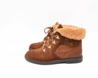 Vintage brown suede faux fur women ankle flat boots