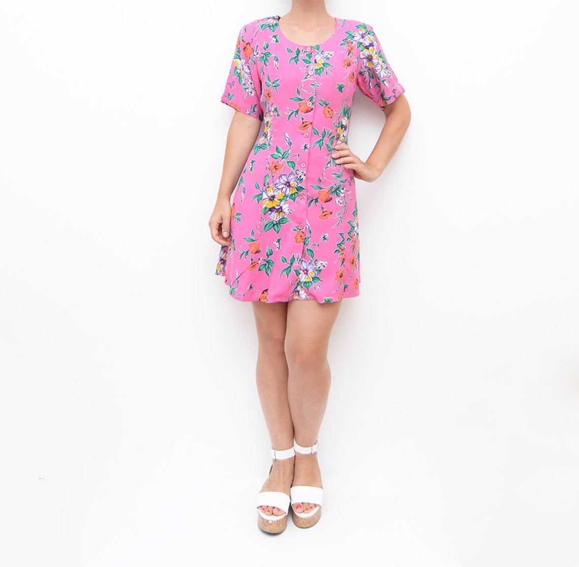 90s Hot Pink Floral Mini Dress main image 0