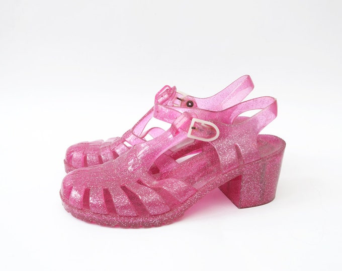 Vintage Pink Glitter Heeled Strap Jelly Sandals / Jellies Etsy