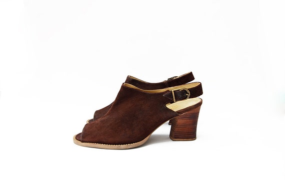 Vintage suede brown peep toe heeled strap 90s mule