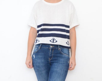 Vintage navy striped white nautical women sweater tshirt / top sailor anchor