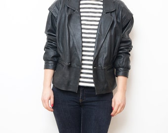 Vintage black leather women crop 80s jacket
