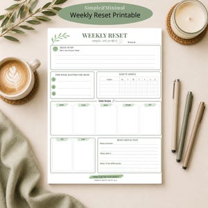 May include: A white weekly reset printable with a minimalist design. The planner includes sections for brain dumping, weekly goals, habit tracking, and daily planning. The text includes "Weekly Reset" and "Simple, not perfect."