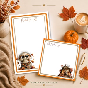 May include: Two rectangular stationery sheets with orange and beige borders. The larger sheet features the text Booked for Fall and an owl with glasses on a stack of books. The smaller sheet features the text All Booked Up and an owl in a tree.