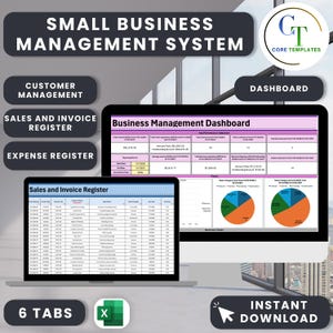 May include: A digital small business management system displayed on two computer screens. The interface features a business management dashboard with key performance indicators, charts, and a sales and invoice register with six tabs.