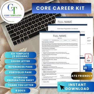 May include: A Core Career Kit digital document set featuring a resume template, cover letter, references page, portfolio page, interview preparation handbook, and thank you letter. The documents are displayed on a laptop with blue text overlays.