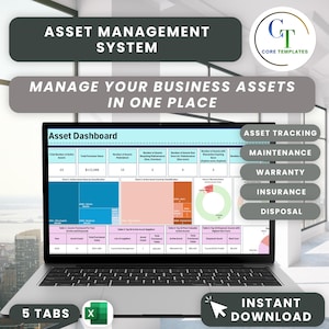 May include: A digital asset management system template displayed on a laptop screen, featuring an asset dashboard with data tables, charts, and metrics for tracking, maintenance, warranty, insurance, and disposal. The interface includes five tabs.