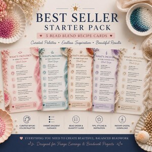May include: A promotional image for a beadwork starter pack. The image features recipe cards with color palettes and guidance. Text includes "Best Seller Starter Pack" and "5 Bead Blend Recipe Cards." The cards are in pink, blue, and purple hues, with additional beads in bowls.